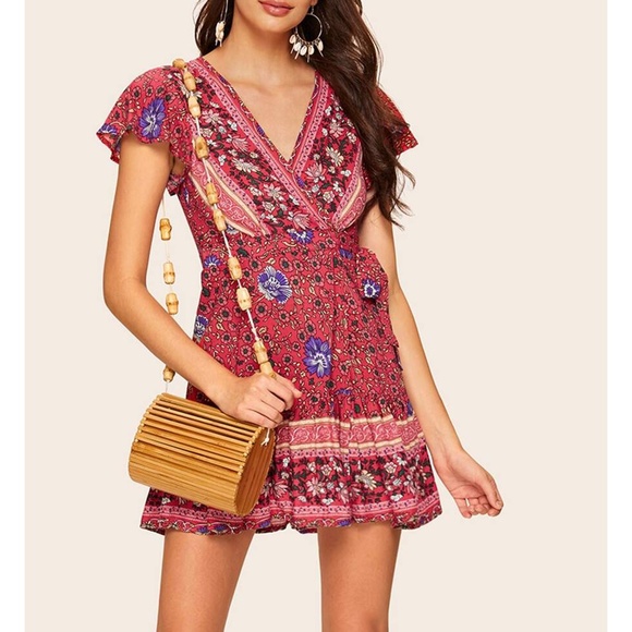 MBM Unlimited Dresses & Skirts - Red Floral Side Tie Wrap Fit & Flare Mini Dress